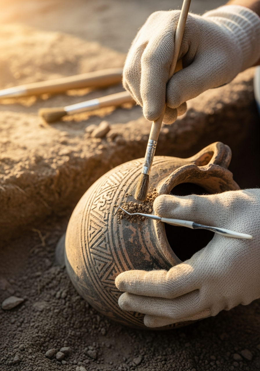 Archeologist carefully excavating ancient artifact